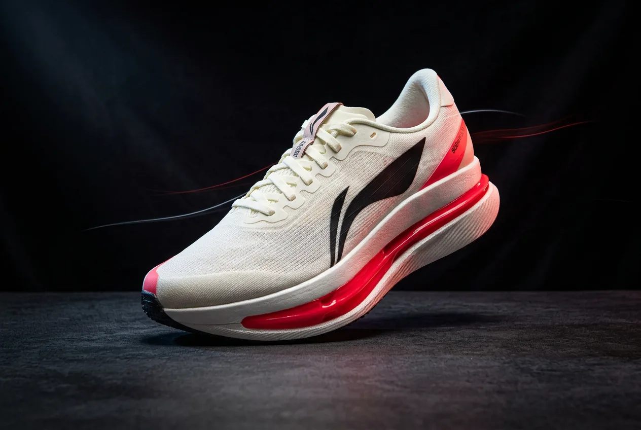 A cream Li-Ning running shoe with a red midsole, lit against a dark background.