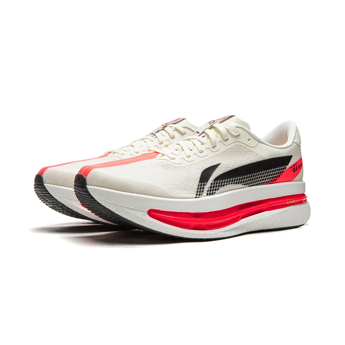 A pair of Li-Ning Red Hare 9 Ultra in cream, with a black Li-Ning logo, a coral-red toe and heel, and a red window in the white midsole.