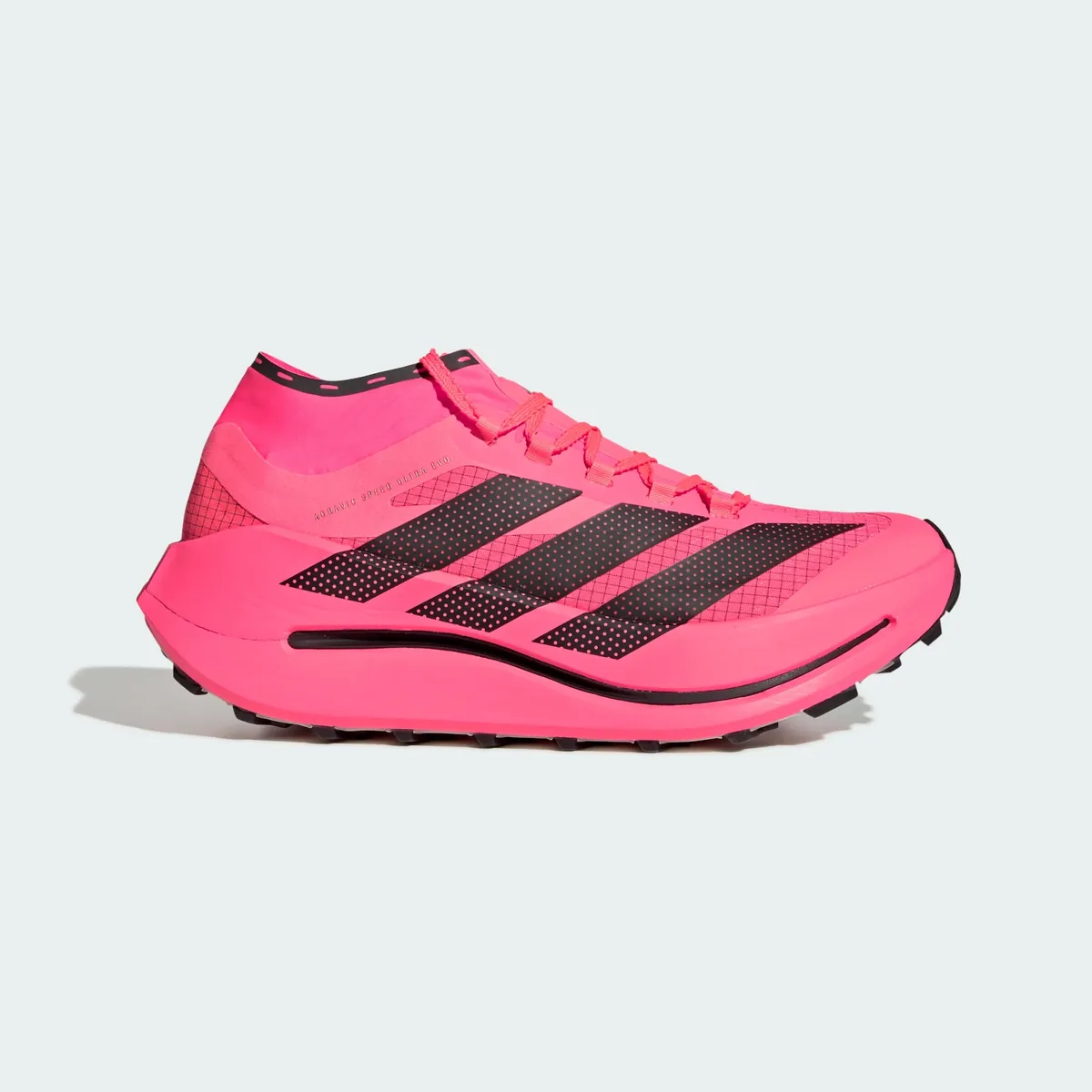 The adidas Terrex Agravic Speed Ultra Evo in pink, with black stripes.