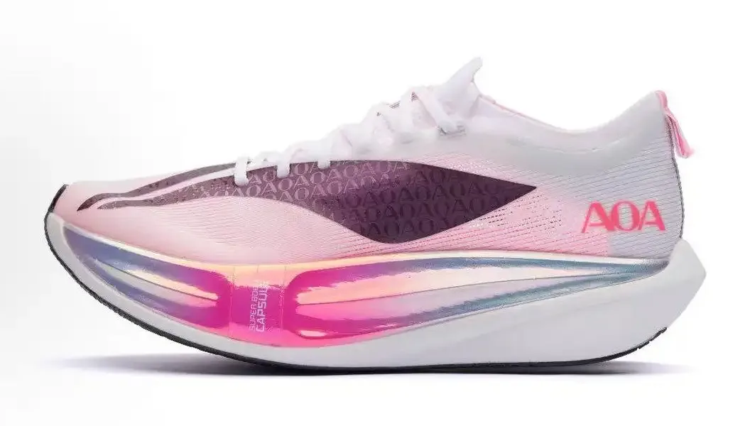 A Li-Ning Feidian 7 racing shoe in white and pink, with a large clear foam capsule in the midsole.