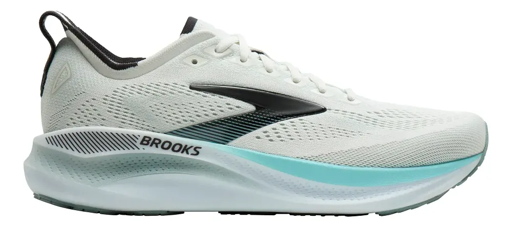 The Brooks Adrenaline GTS 26 in white and grey, with an aqua stripe along the midsole.