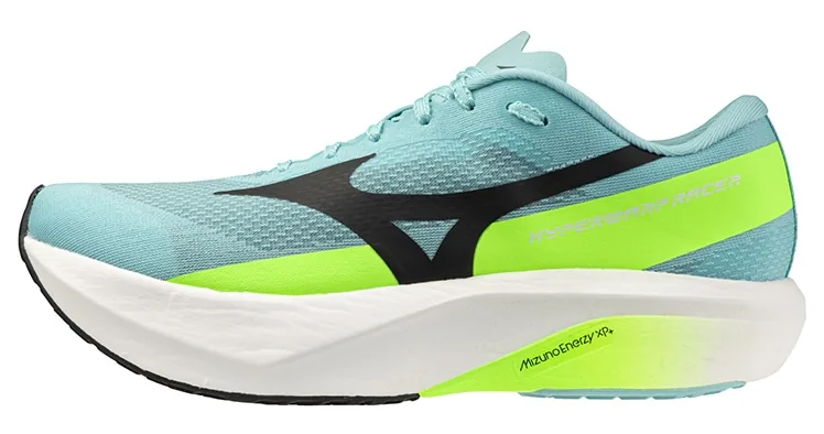 The Mizuno Hyperwarp Racer in sky blue, black and lime green.